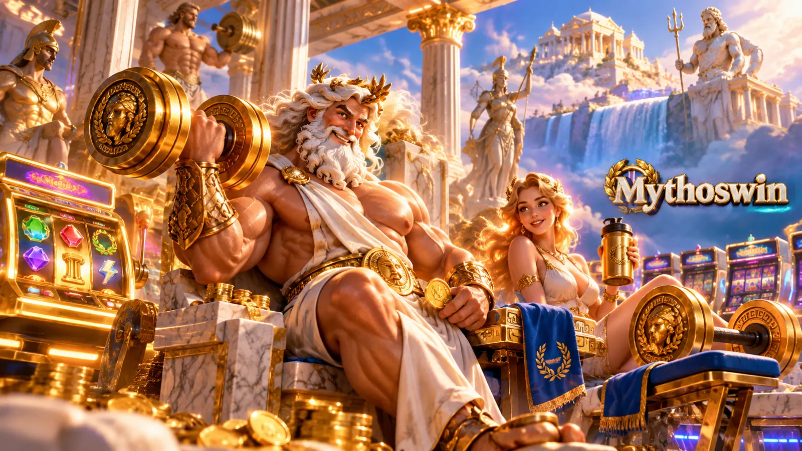 Zeus training with golden weights in an Olympian gym