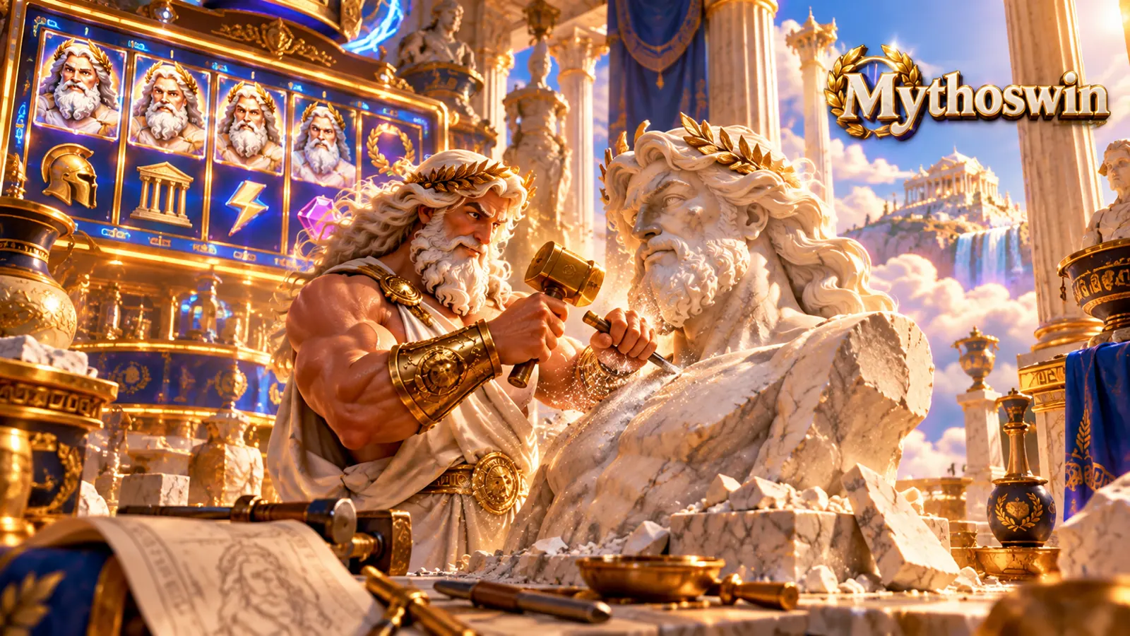 Zeus sculpting a marble statue beside a slot machine