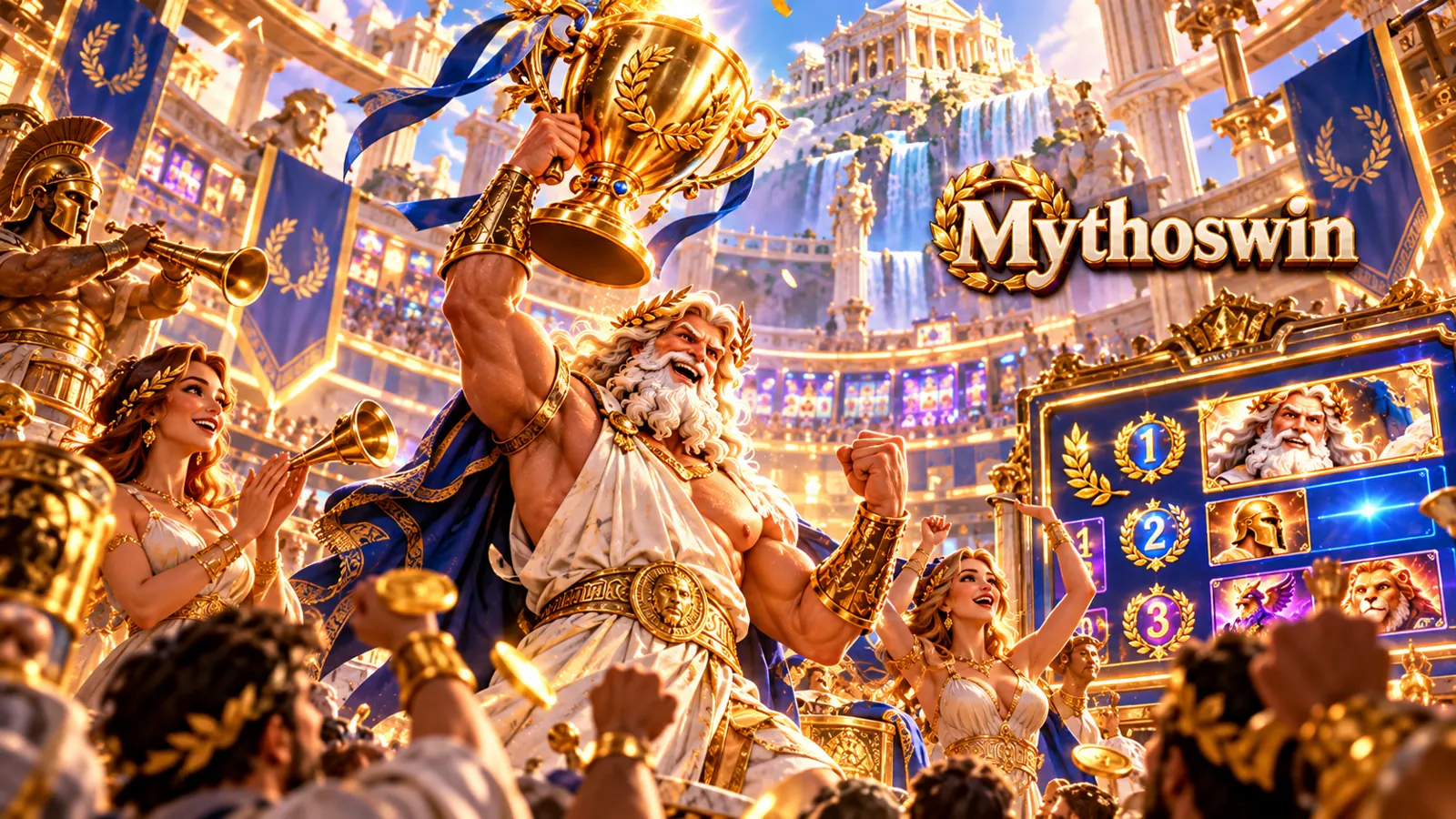 Zeus raising a golden trophy in front of a cheering crowd