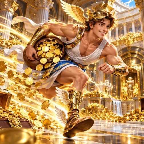 Hermes sprinting with a sack of gold coins