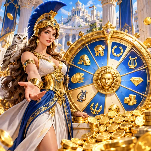 Athena beside a golden prize wheel