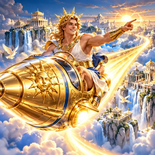 Apollo riding a golden rocket over the clouds